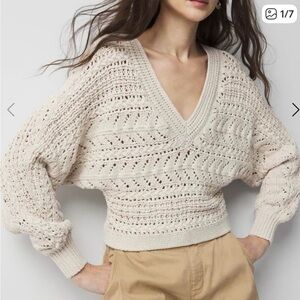 NWT White House Black Market Cream V-Neck Sweater, open weave w/gold, 4 seasons!